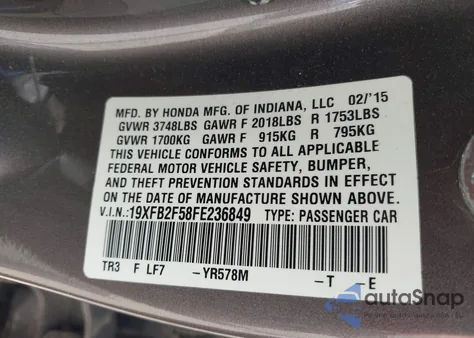 2015 Honda Civic Lx из США, поврежденный, VIN 19XFB2F58FE236849